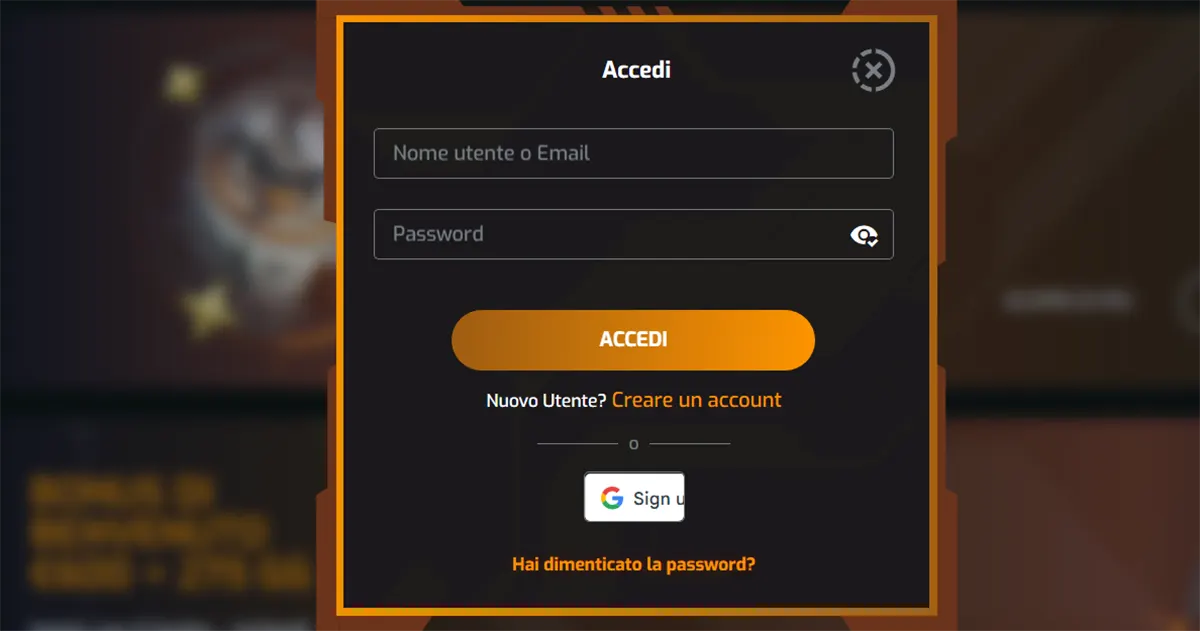 Italian-language casino login popup interface displayed in a dark-themed modal window with orange borders, featuring input fields for username or email (“Nome utente o Email”) and password, along with a prominent “Accedi” (Log In) button. The interface also provides a link for new users to create an account (“Creare un account”), an option to sign in using Google, and a “Hai dimenticato la password?” (Forgot your password?) recovery link, all shown over a blurred casino website background.
